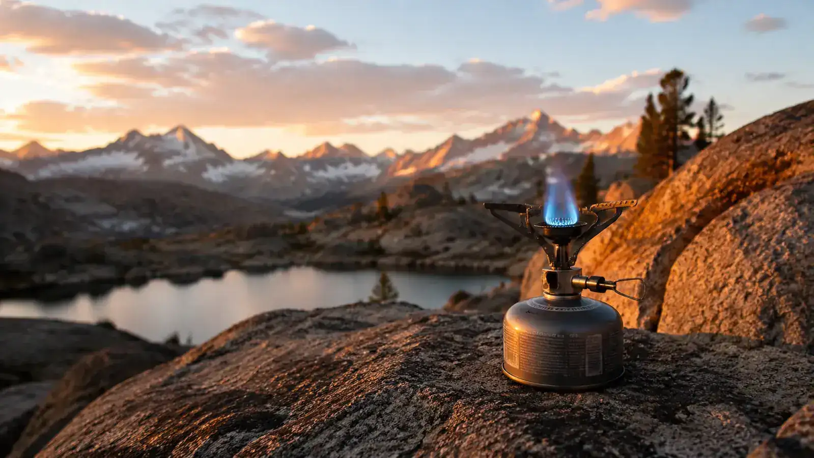 Small backpacking stove lit on a flat granite rock at a high-elevation campsite, mountains visible in background at dusk