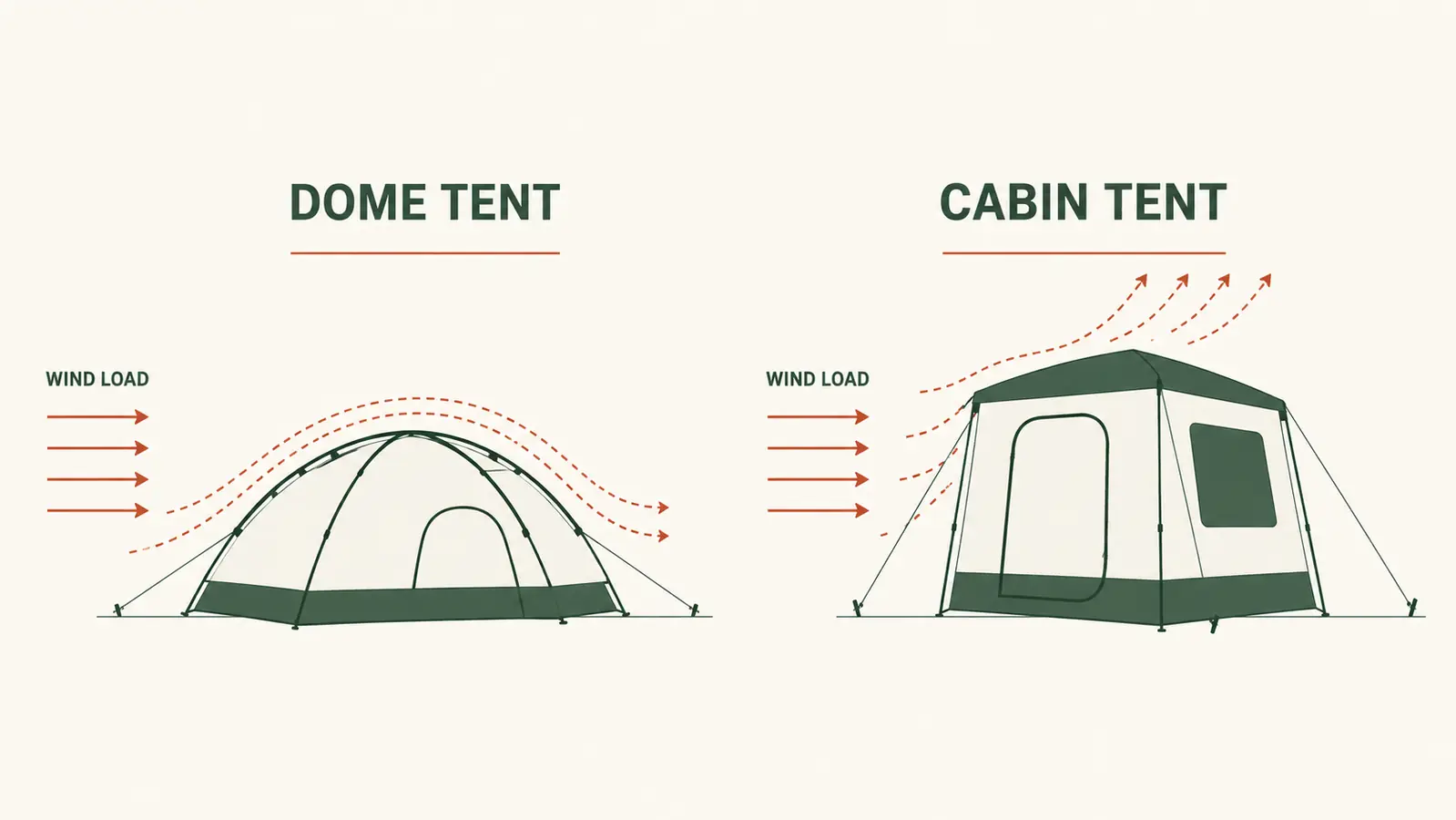 Side-by-side silhouette diagram of a dome tent and a cabin tent showing aerodynamic profile differences