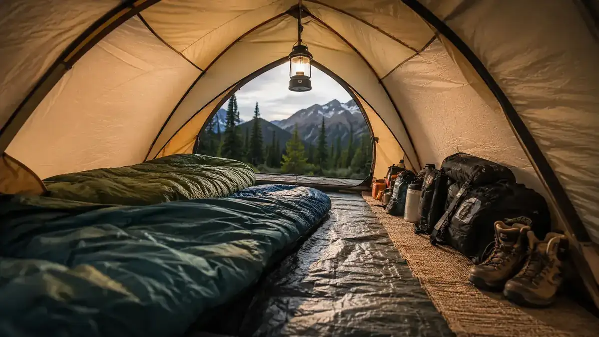 Interior view of a dome tent with two sleeping pads laid out and gear organized along the walls