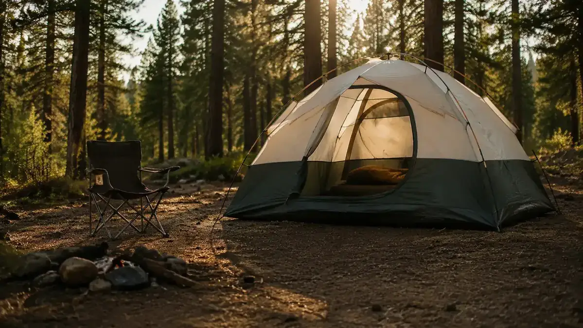 CORE dome tent pitched at a forested campsite in late afternoon light with trees behind it