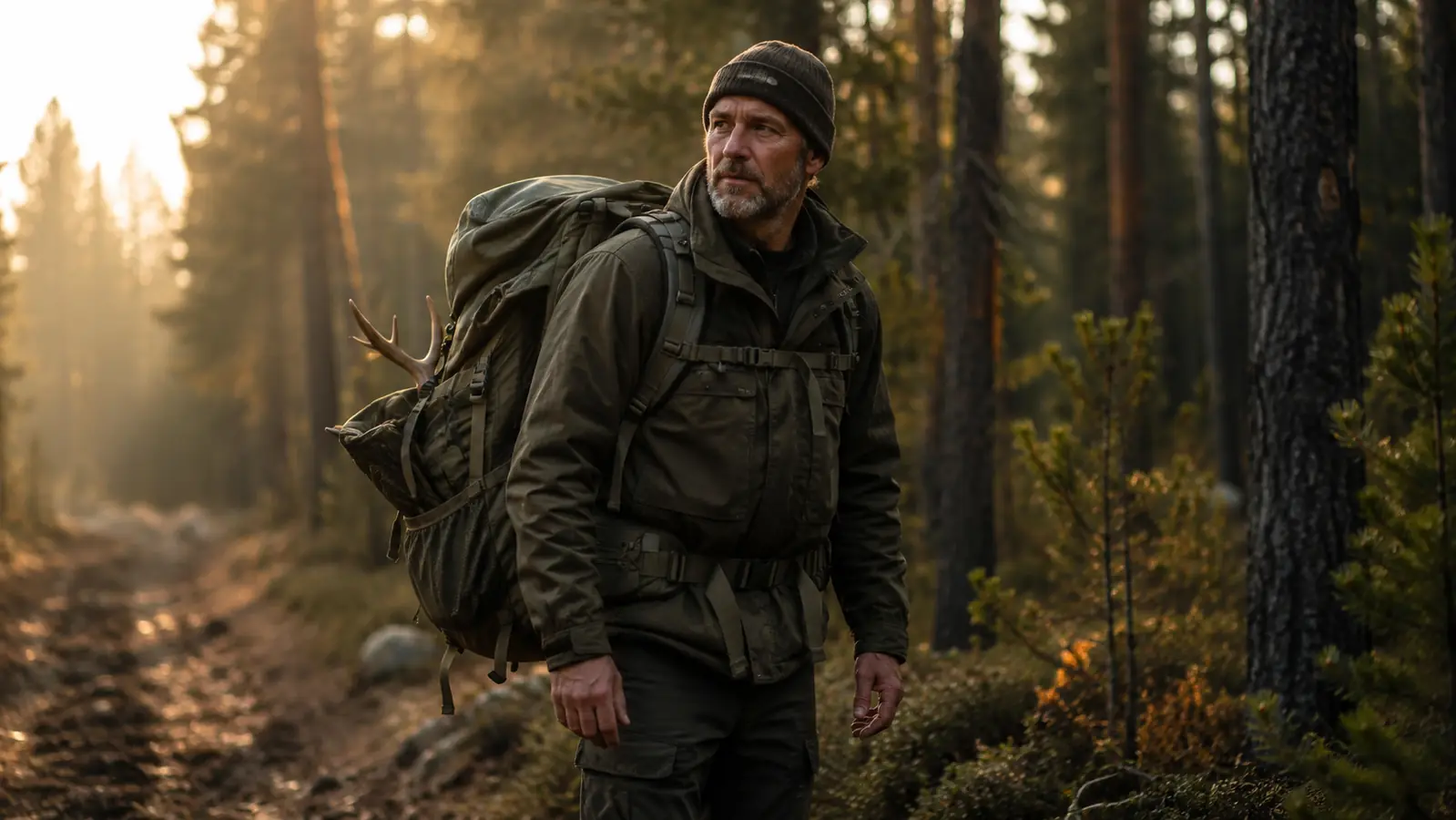 Hiker with a large green internal frame backpack on a wooded trail at dawn, full pack, forest light filtering through trees