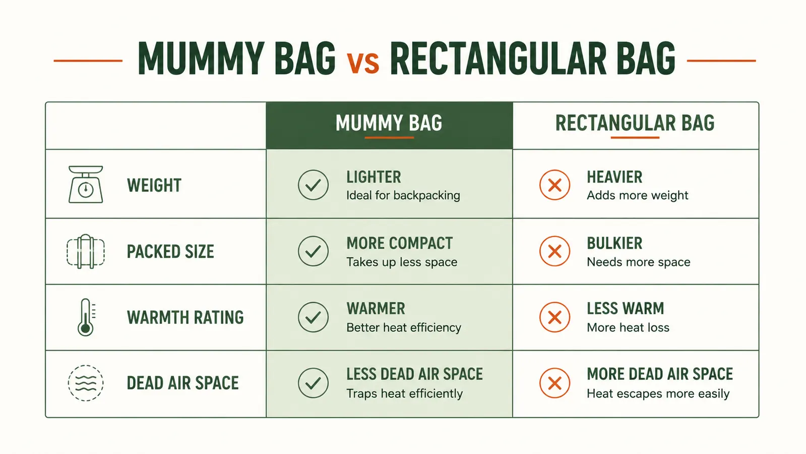 Side-by-side comparison chart: mummy bag vs rectangular bag showing weight, pack size, and warmth rating