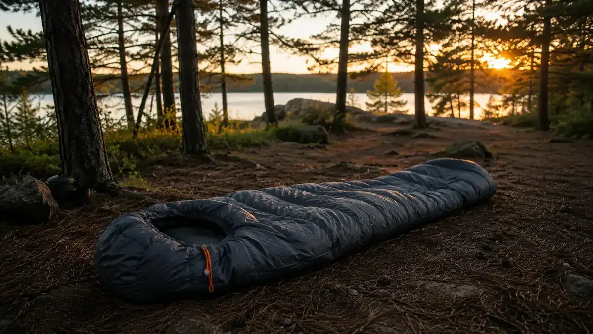 Mummy sleeping bag unrolled in a forest campsite at dusk, laid on a tent footprint with pine needles around it