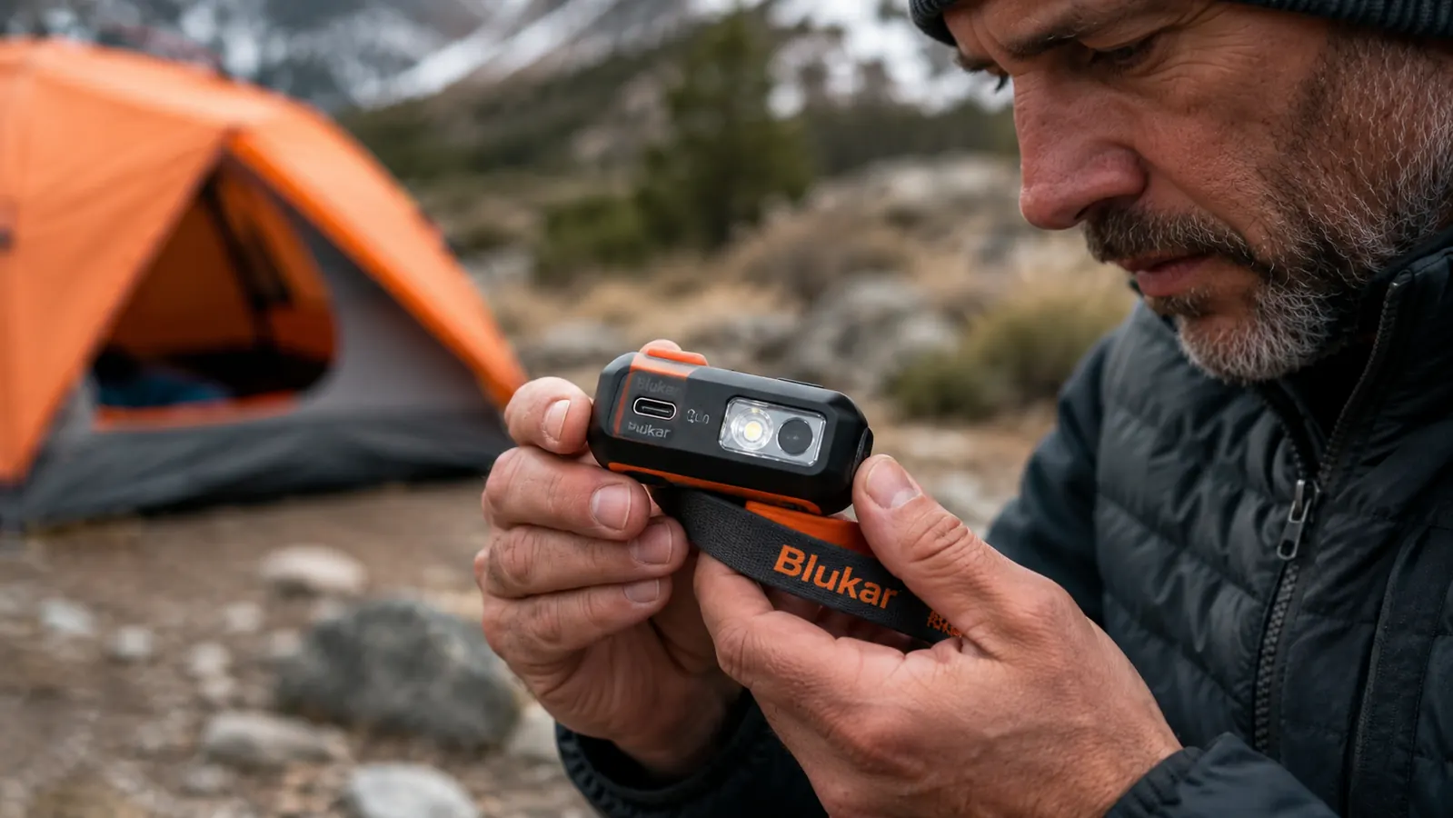 Blukar rechargeable headlamp held in a hand showing the USB charging port and beam head