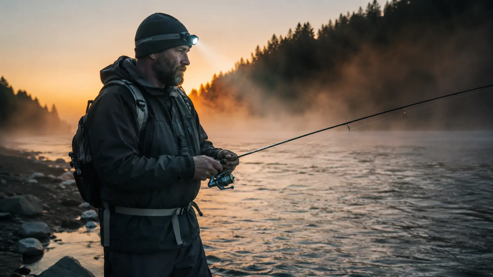Angler fishing at dawn by a river wearing a headlamp, hands on fishing rod