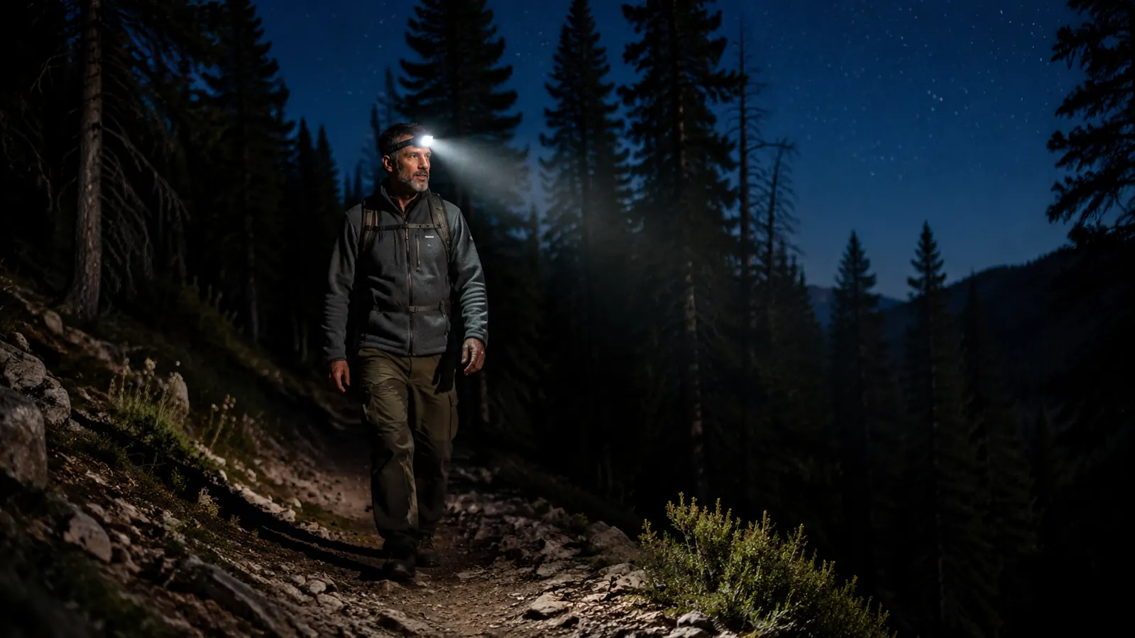 Camper wearing a headlamp in a dark forest, hands free, illuminating the trail ahead
