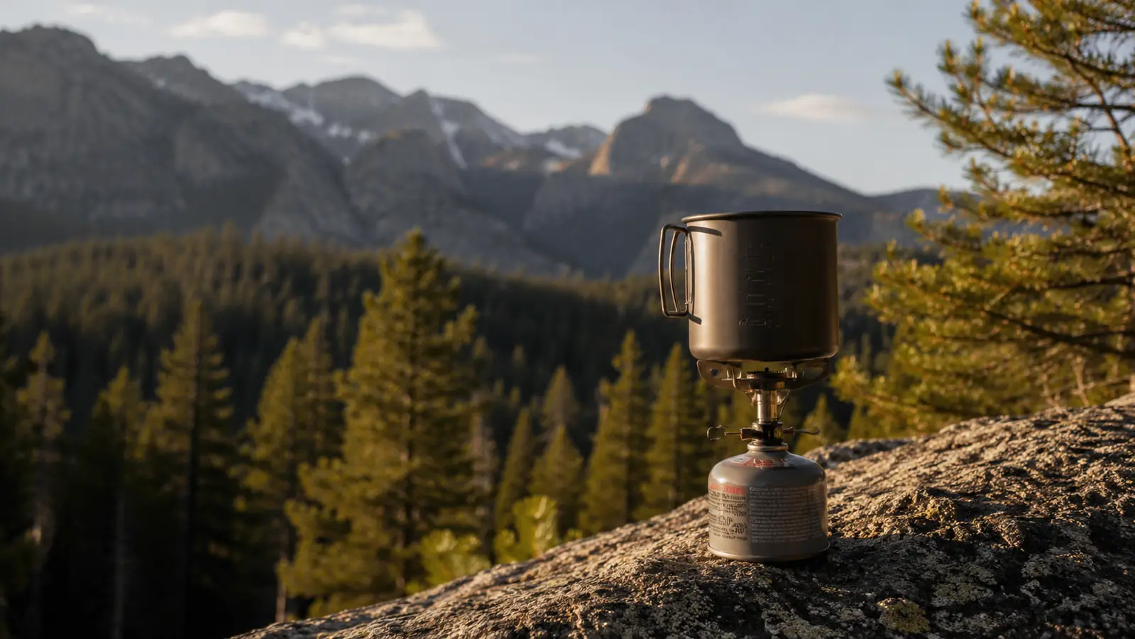 AOTU backpacking stove sitting on a flat granite rock at a high-alpine campsite with mountain peaks in the background at dusk