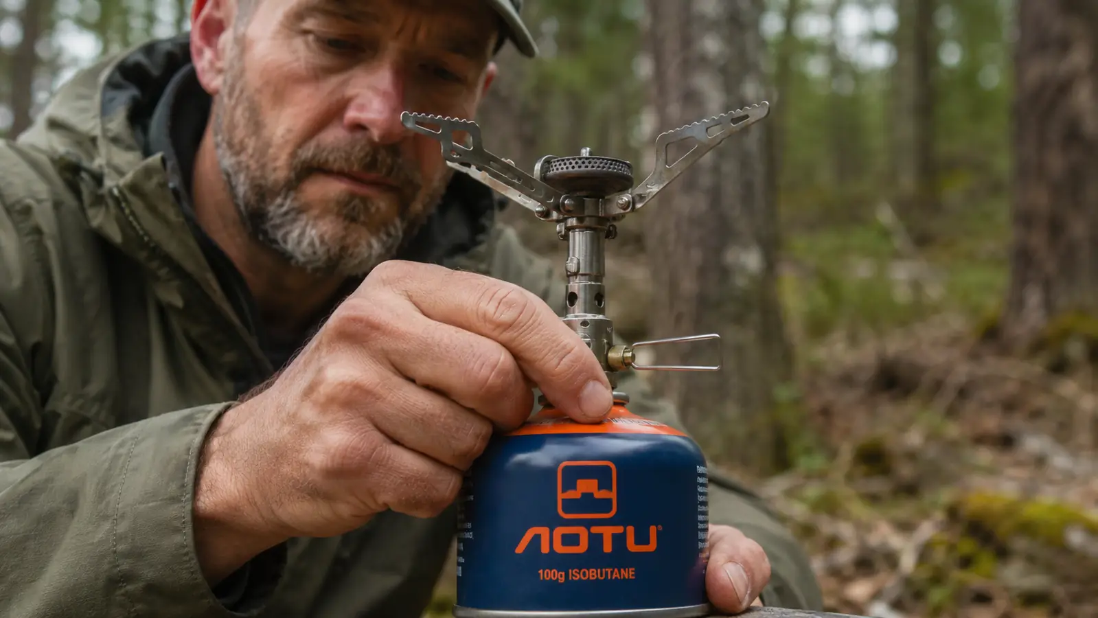 Hand threading a backpacking stove onto a small isobutane canister on a wooden picnic table, stove arms folded out and ready to cook