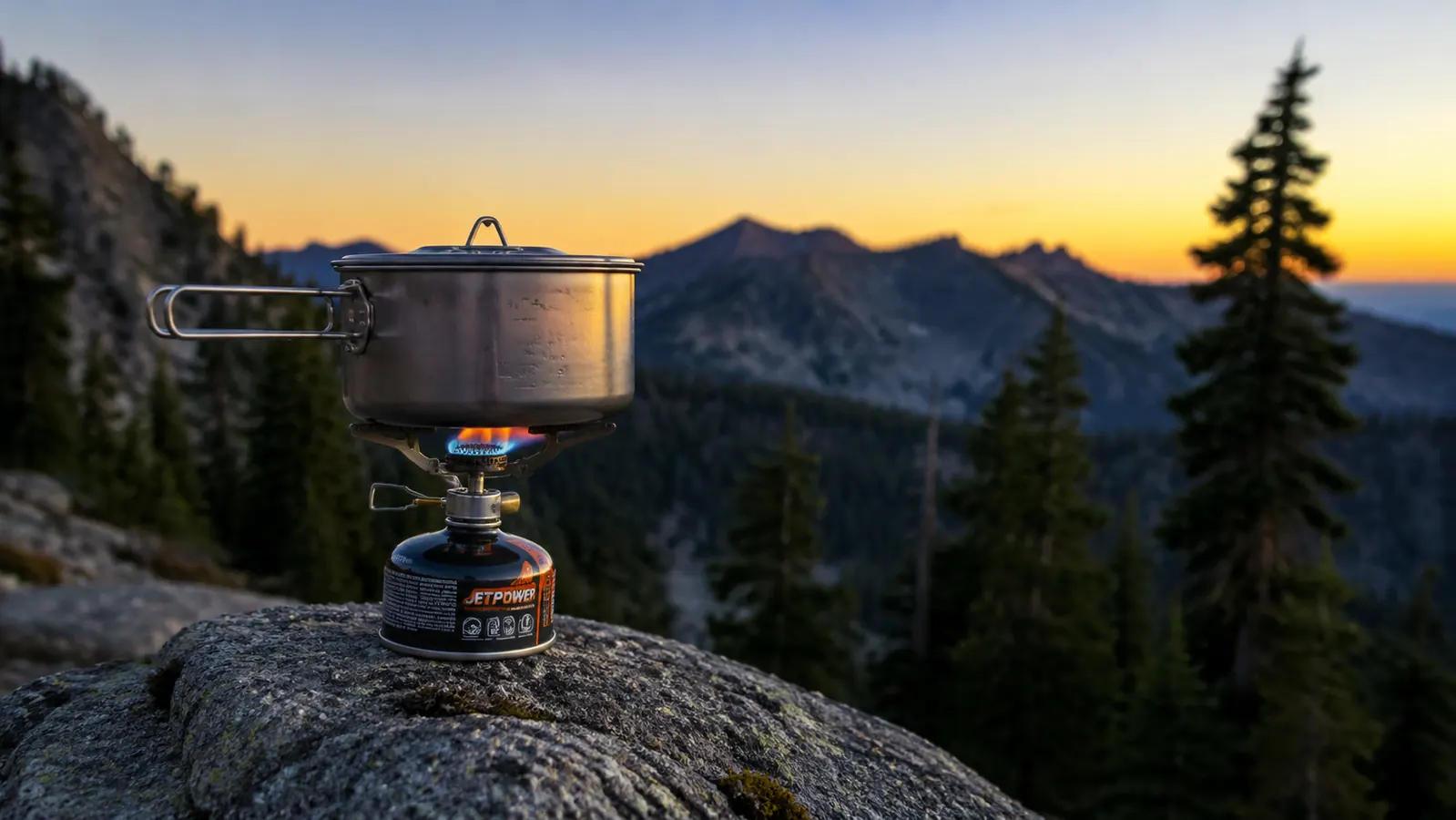 AOTU backpacking stove set up on a granite rock at a mountain camp with a titanium pot boiling above orange flame, pine trees and ridgeline in the background at dawn