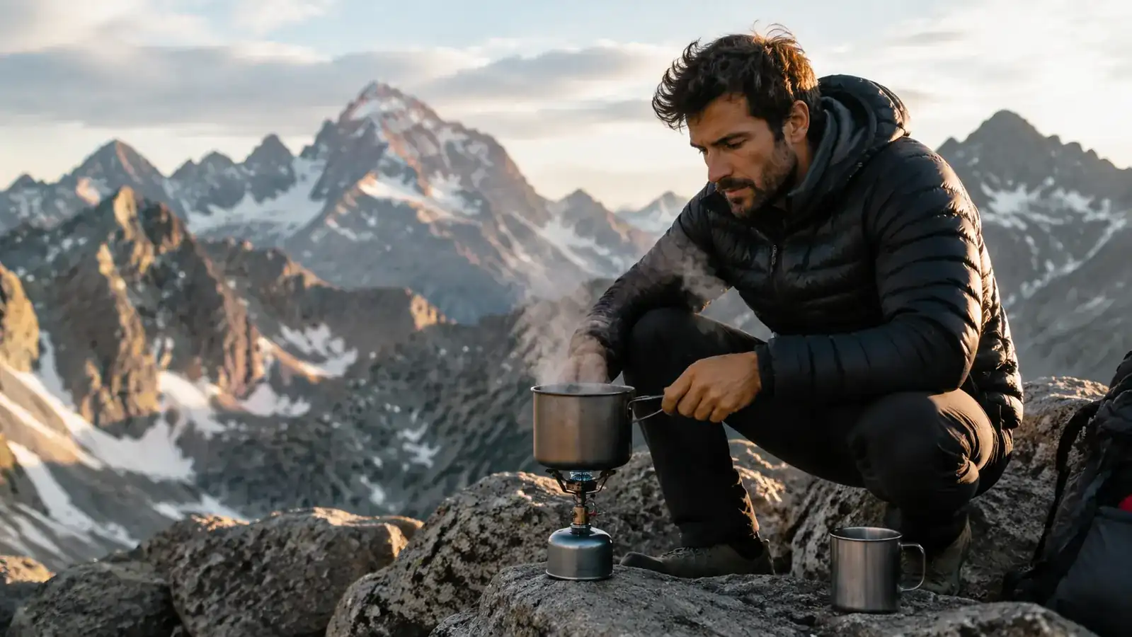 Camper boiling water on a backpacking stove at a high-altitude campsite, snow-dusted peaks visible in background