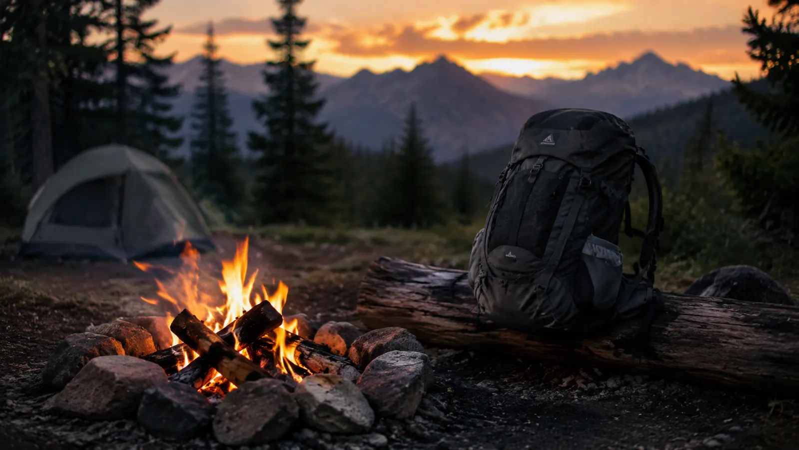 Campfire at a mountain backcountry camp at dusk, backpack resting nearby, tent visible in background