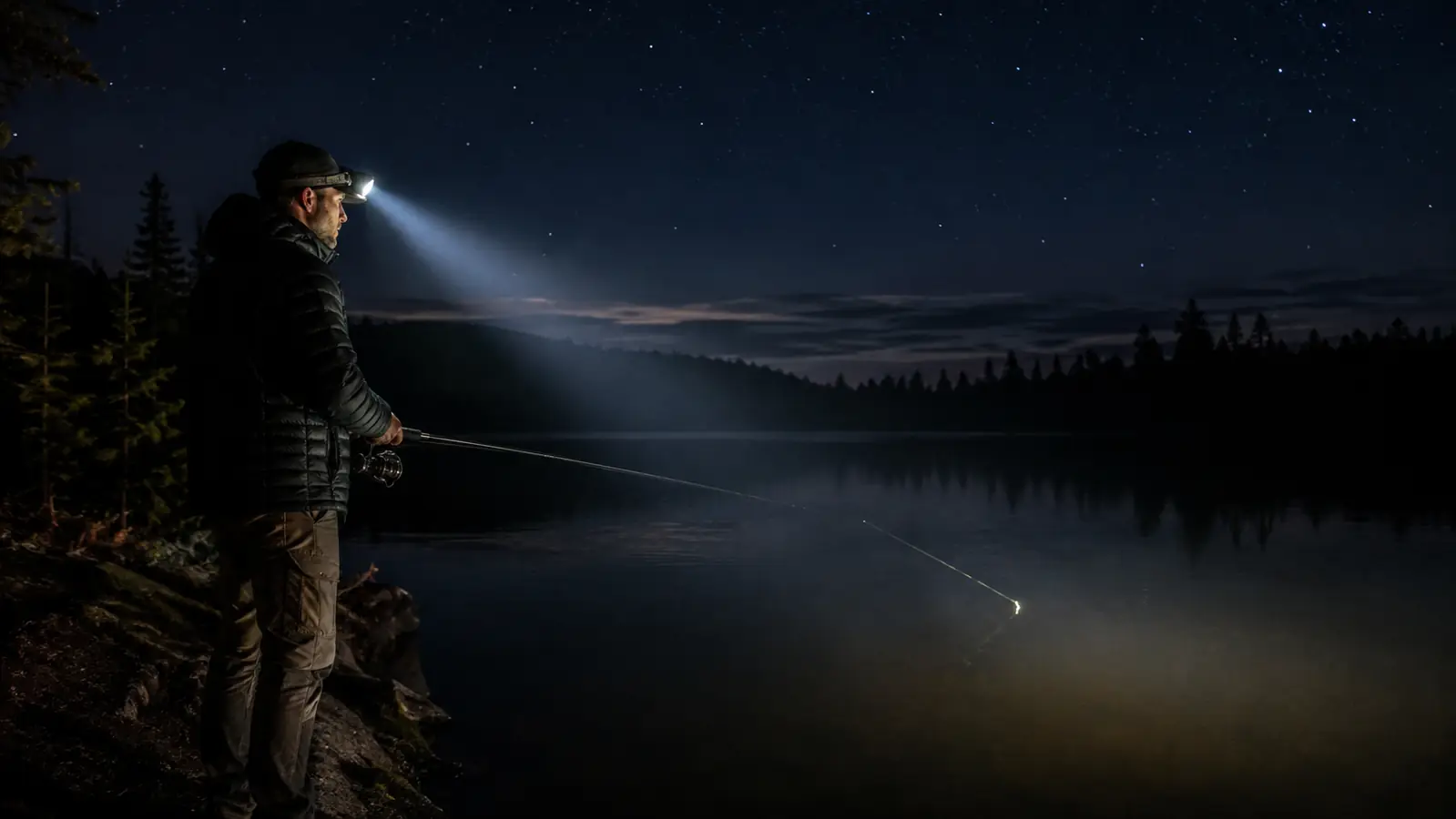 Angler fishing at night with a headlamp illuminating the water and fishing line
