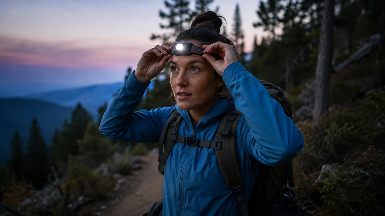 Hiker adjusting a rechargeable headlamp on a dark forest trail at dusk