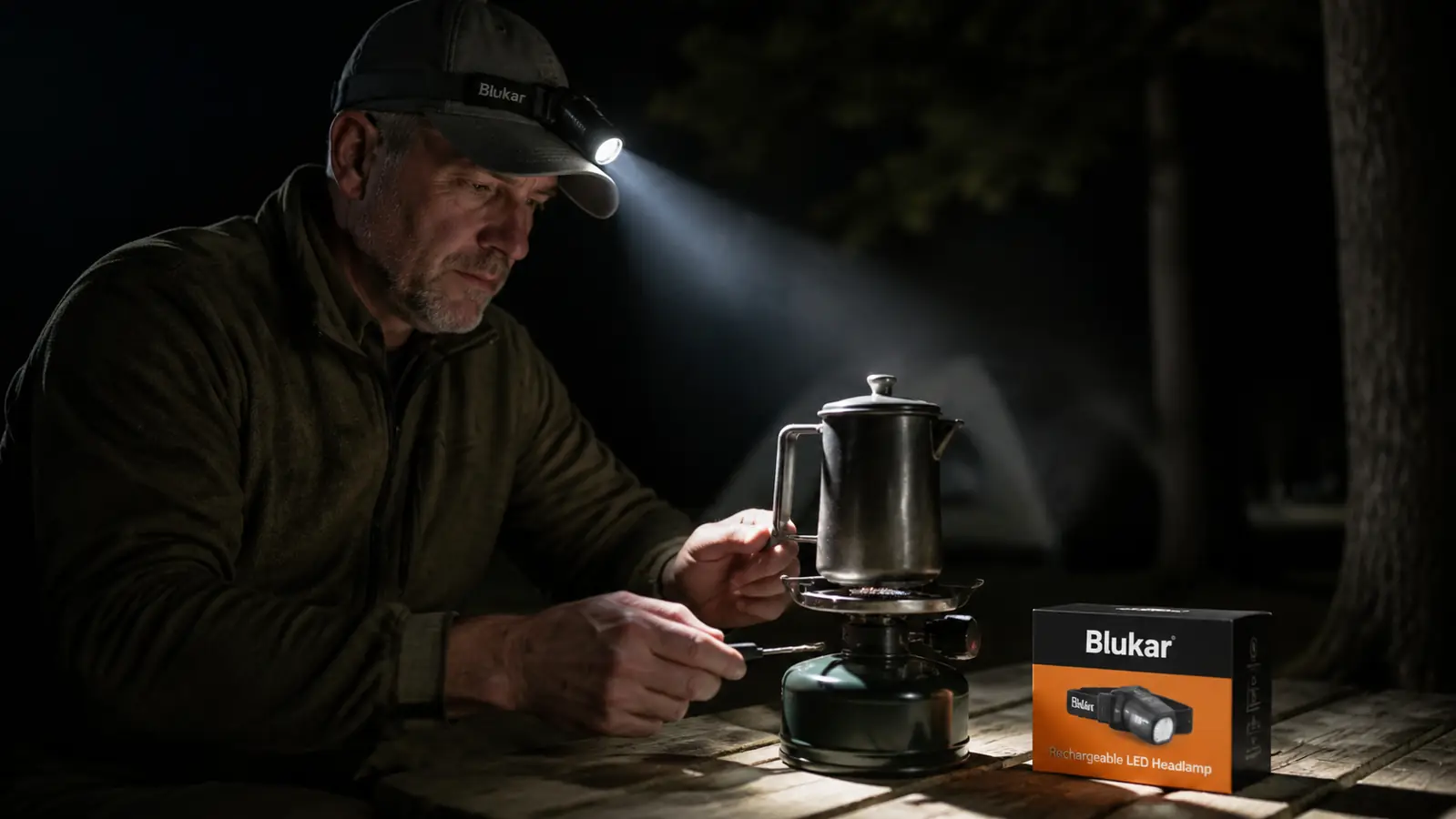 Blukar headlamp clipped to a hat brim, beam pointed at a camp stove in darkness