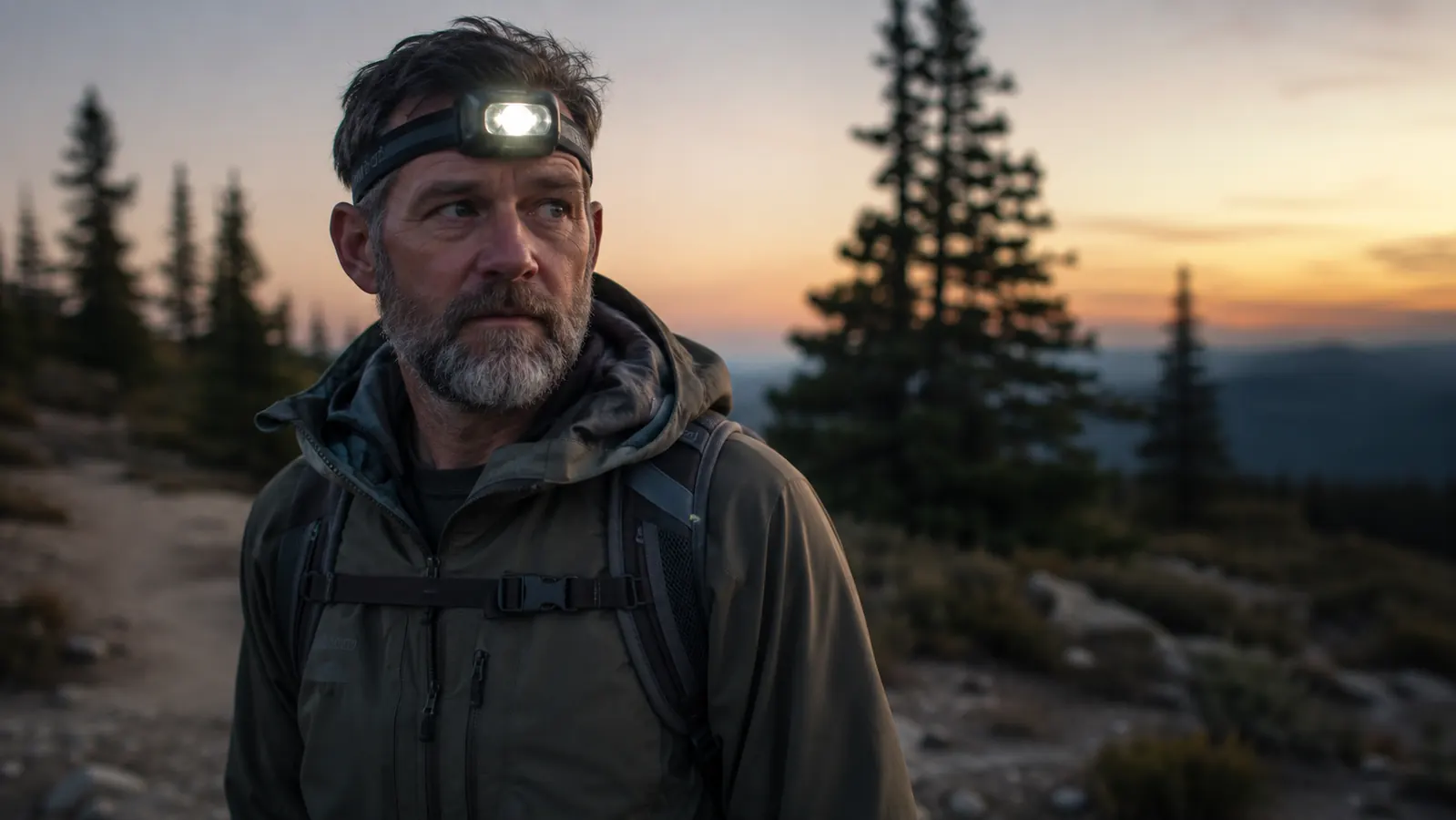 Man wearing a bright headlamp on a wooded trail at dusk, trees silhouetted behind him