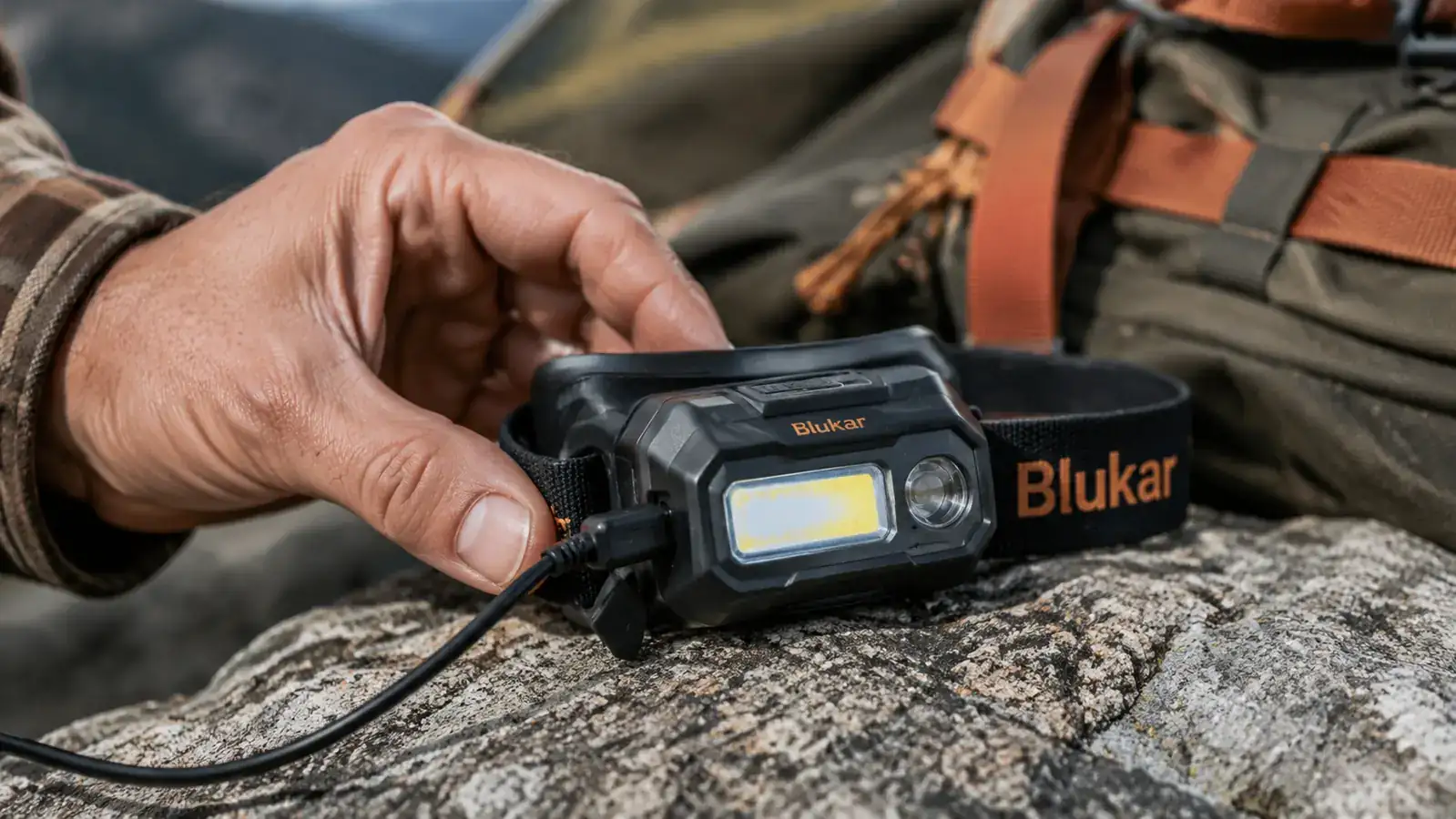 Close-up of a rechargeable headlamp plugged into a USB charging cable on a rock