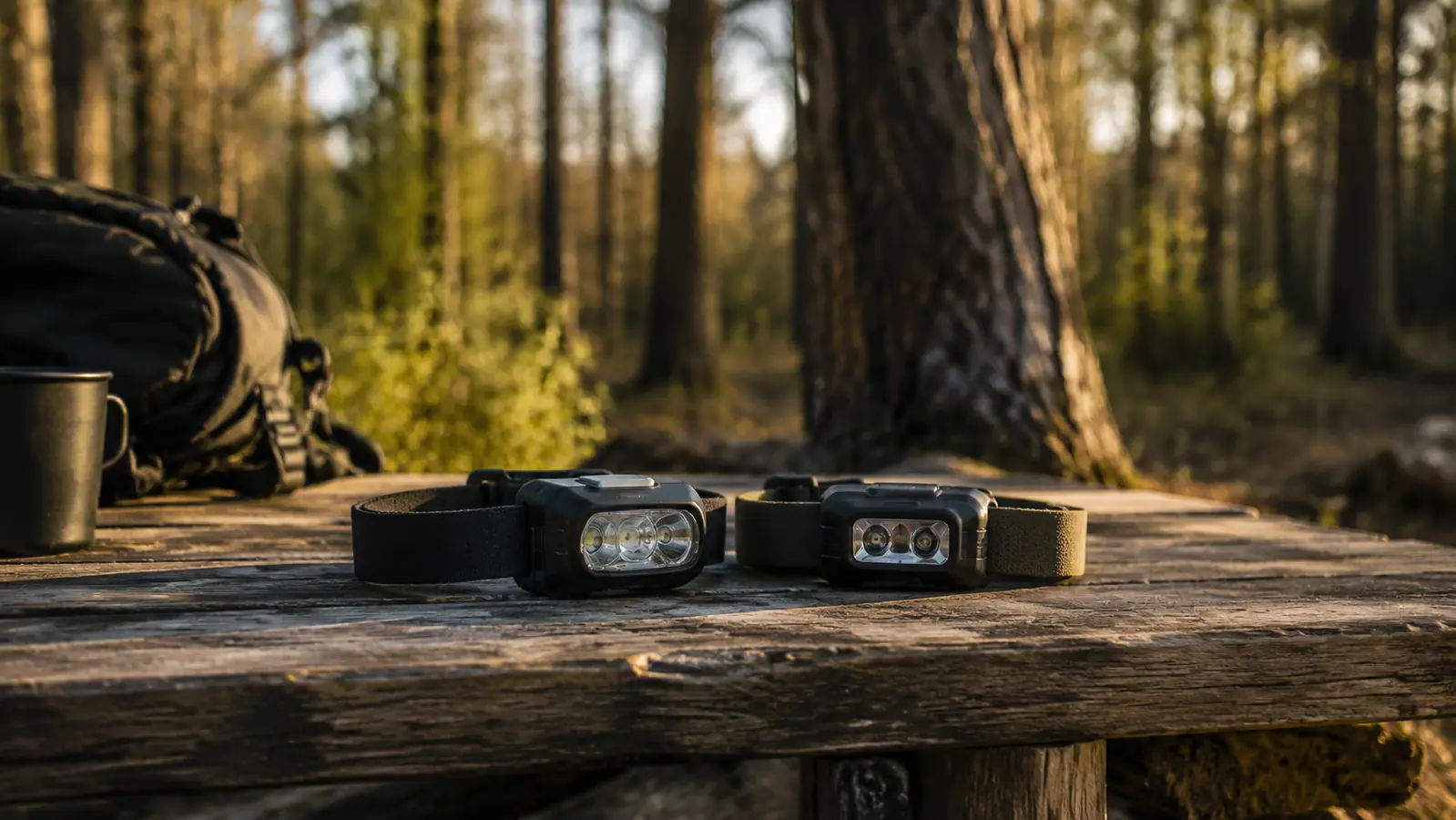 Two headlamps side by side on a wooden camp table at dusk, forest background
