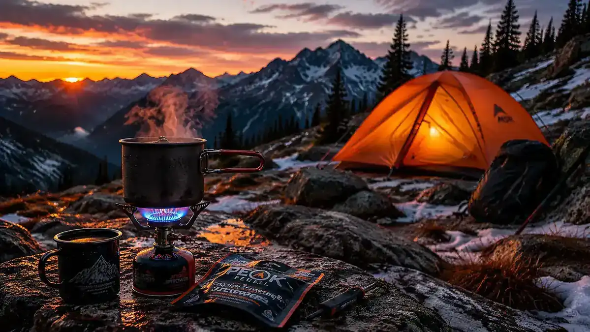 Campsite at high elevation in late October with a glowing stove flame in the foreground and dark ridgelines behind