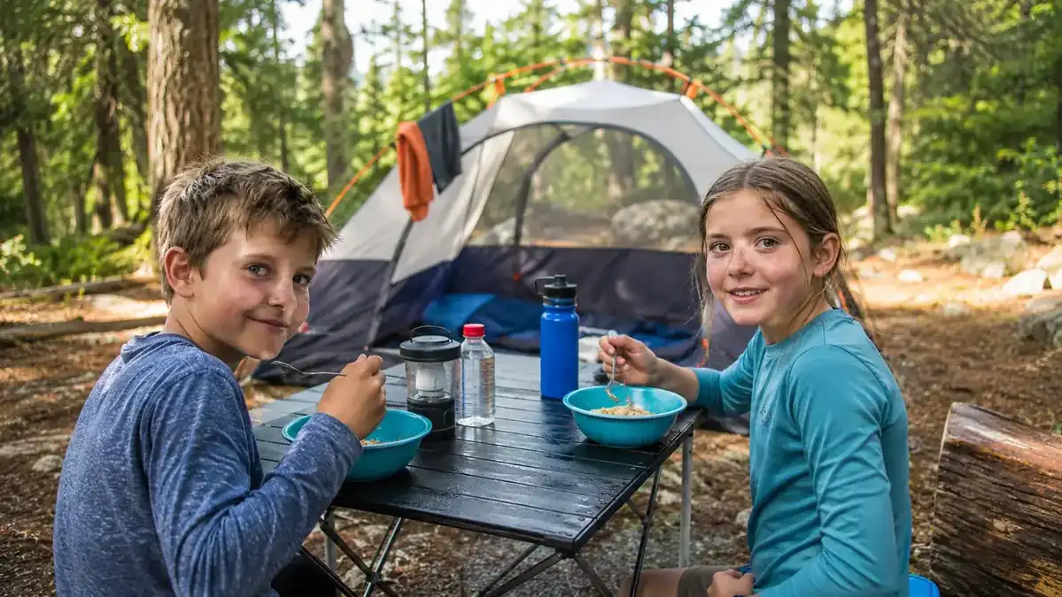 Two kids eating breakfast at a camp table outside a dome tent on a sunny morning after a rainstorm, ground still wet