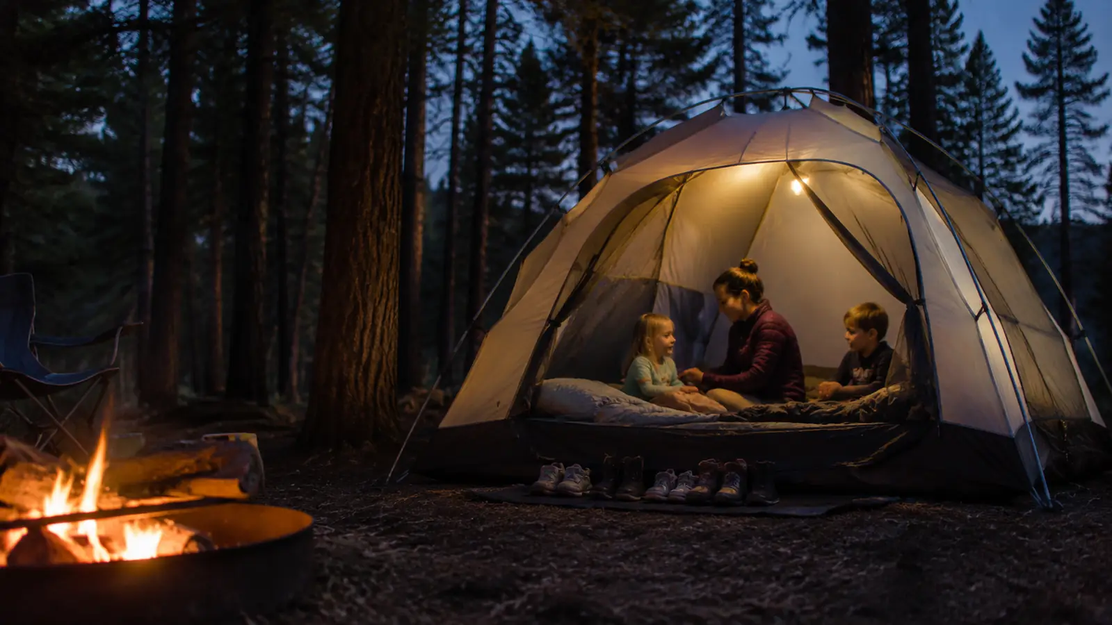 Family campsite at dusk with a green dome tent glowing from inside, pine trees in the background, kids' shoes lined up at the door