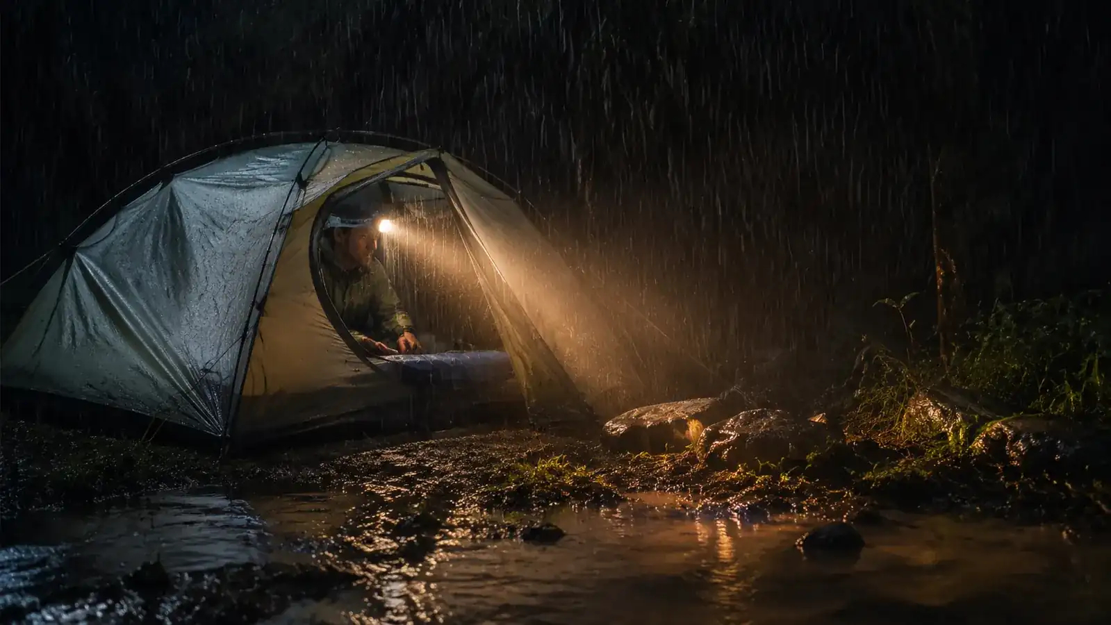 CORE dome tent standing in heavy rain at night with headlamp light glowing from inside