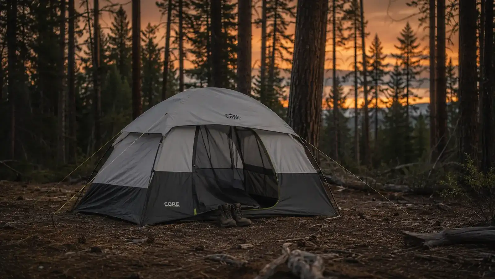 CORE dome tent pitched at a forested hunting base camp at dusk, orange sky visible through the pine trees