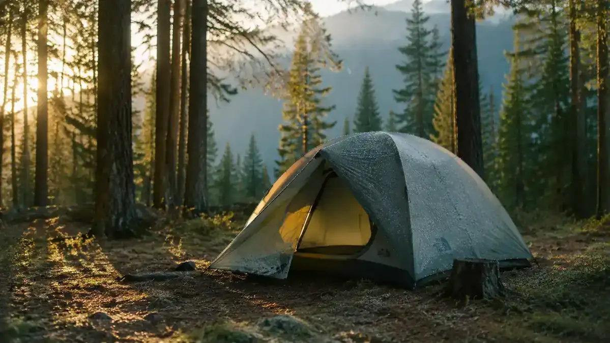 CORE dome tent pitched at a forested campsite in early morning light, condensation on the rainfly
