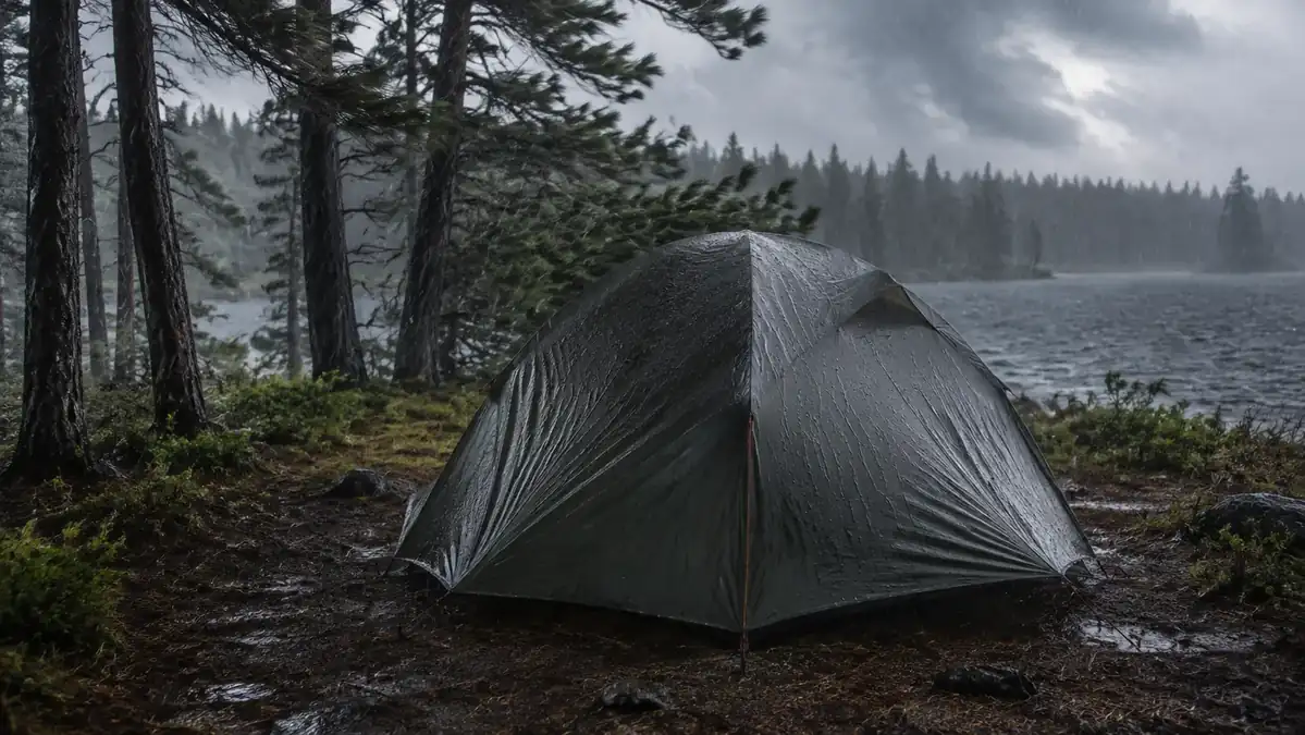 Dome tent with a full rainfly during a rainstorm, water beading and running off the fly