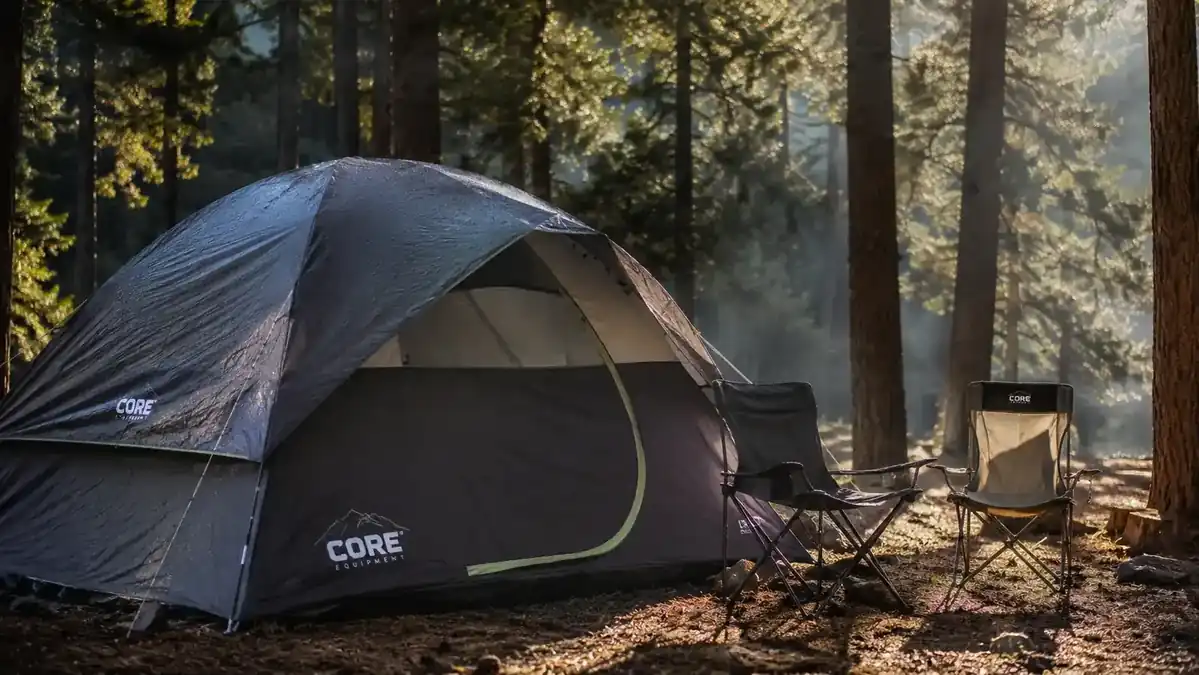 CORE dome tent pitched at a wooded campsite with morning mist in the background