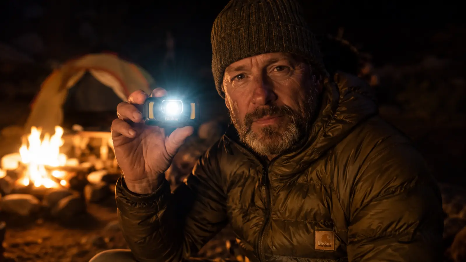Hand holding a Blukar rechargeable headlamp against a campfire background at night