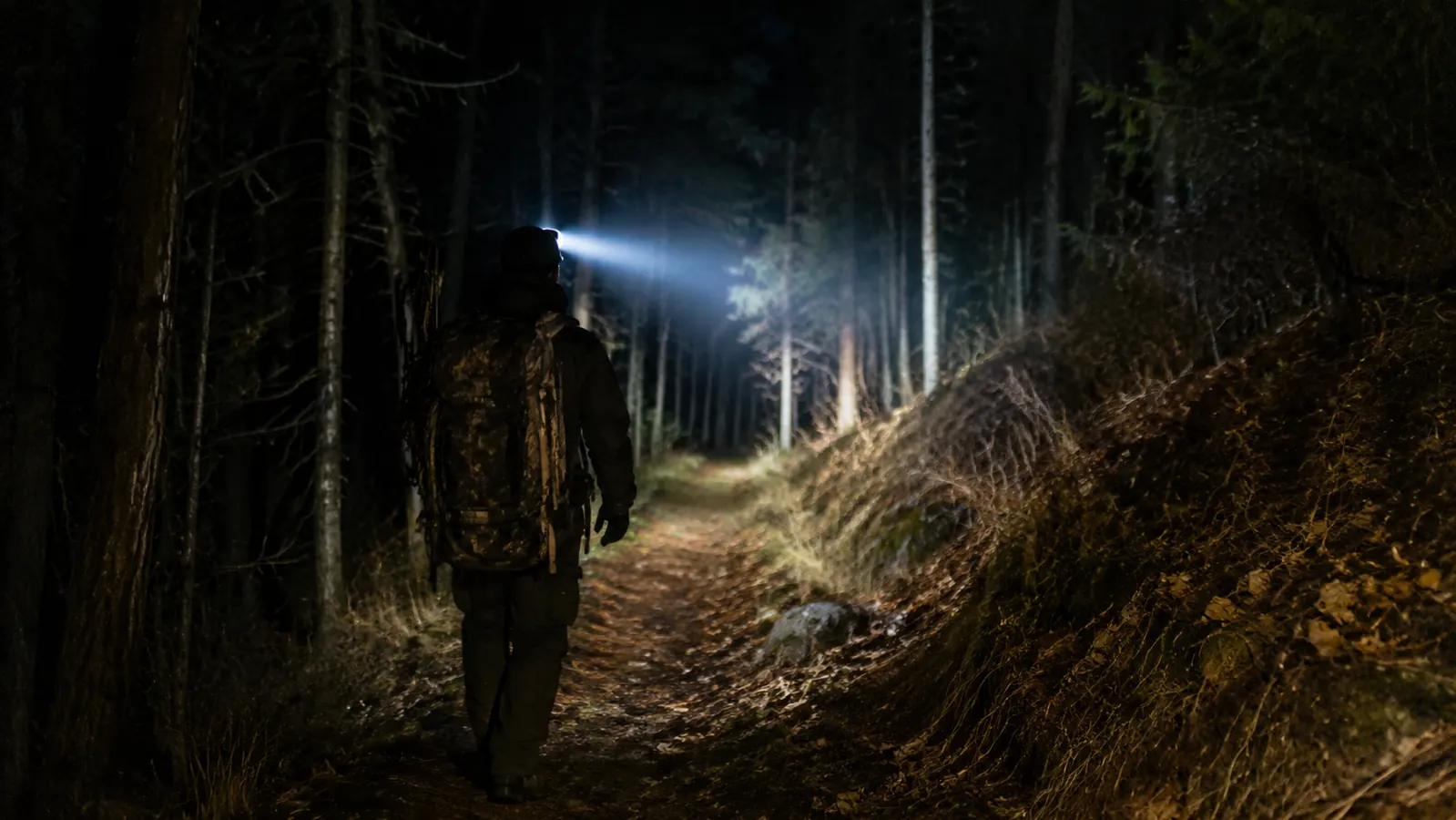 Hunter walking a dark forest trail at midnight with a bright headlamp beam cutting through the trees