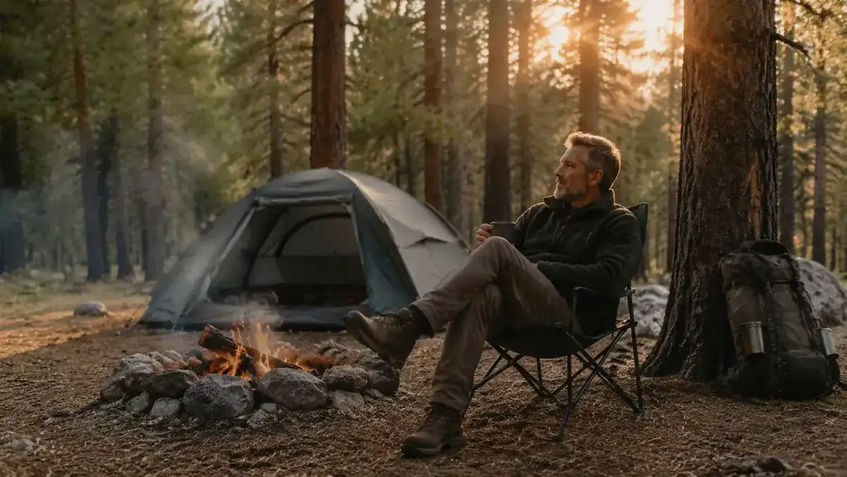 A camper setting up a tent at a forest campsite in golden evening light