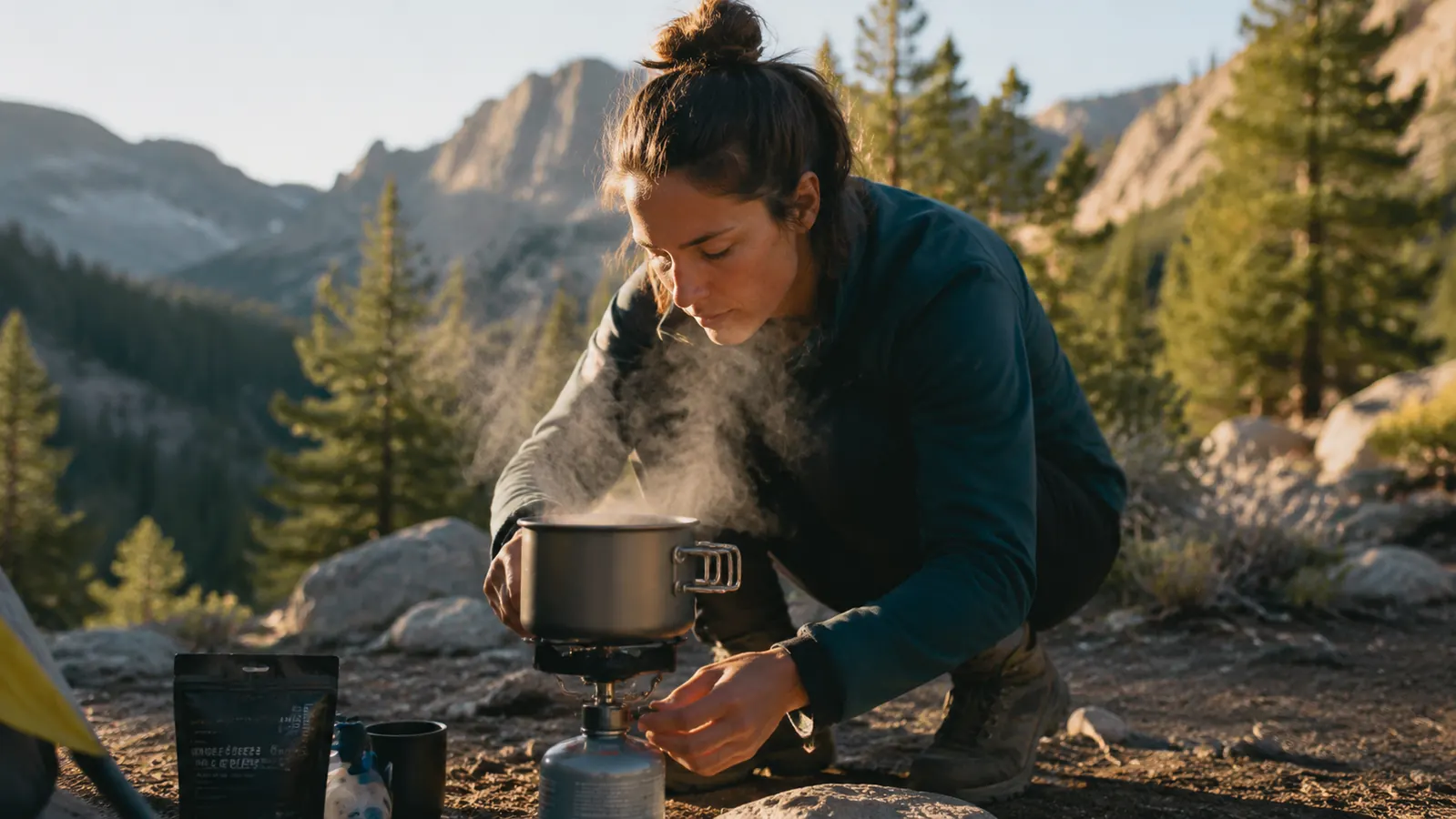 Backpacker cooking hot meal on a compact stove at a mountain campsite with pine trees in the background