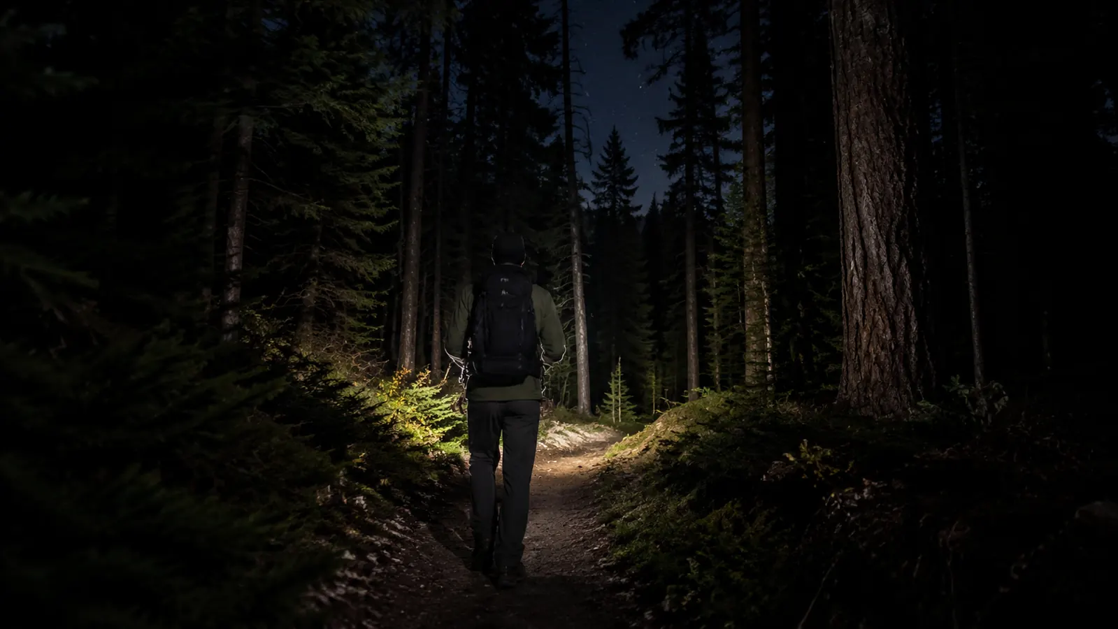 Hiker wearing a headlamp on a dark forest trail at night, beam cutting through trees