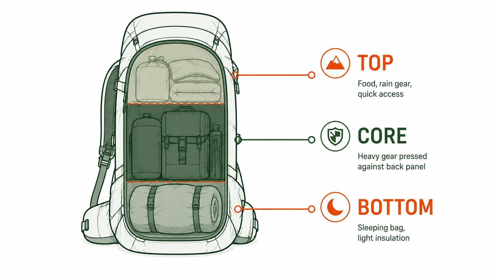 Diagram showing a cross-section of a backpack divided into three weight zones: heavy core items in the middle, light bulky gear at the bottom, quick-access items at the top