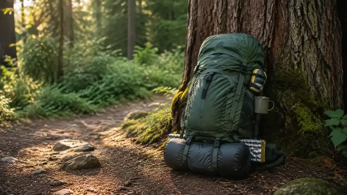 A loaded 55L internal frame backpack leaning against a pine tree at a trailhead, morning light filtering through the canopy