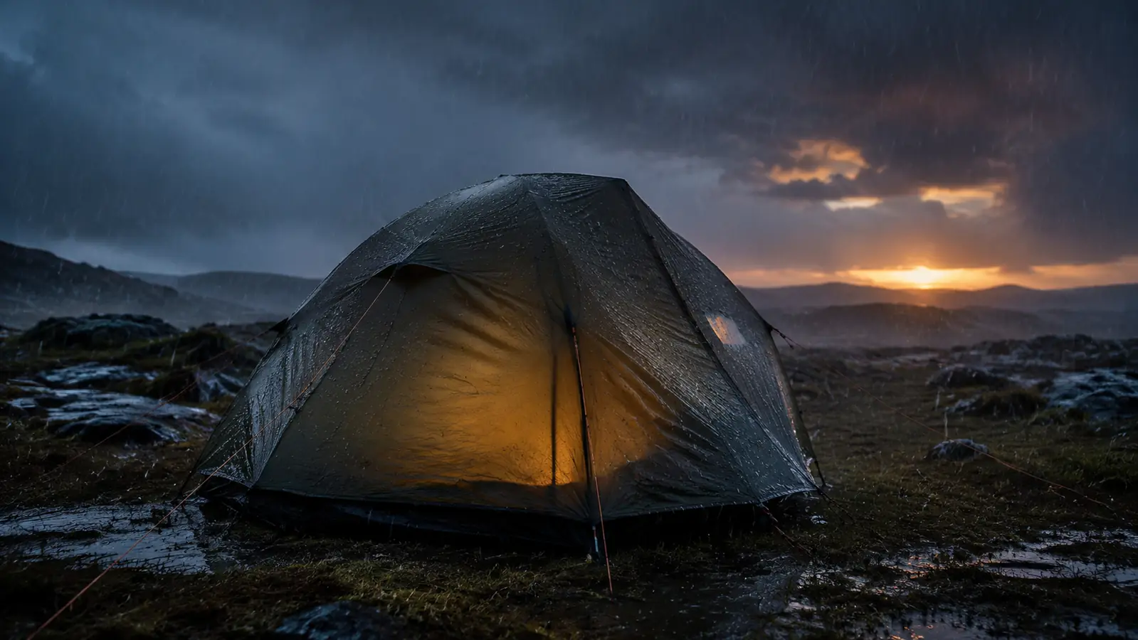 Dome tent fully pitched and staked in a rainstorm, rainfly taut, guy lines extended, puddle forming around the perimeter but tent dry inside