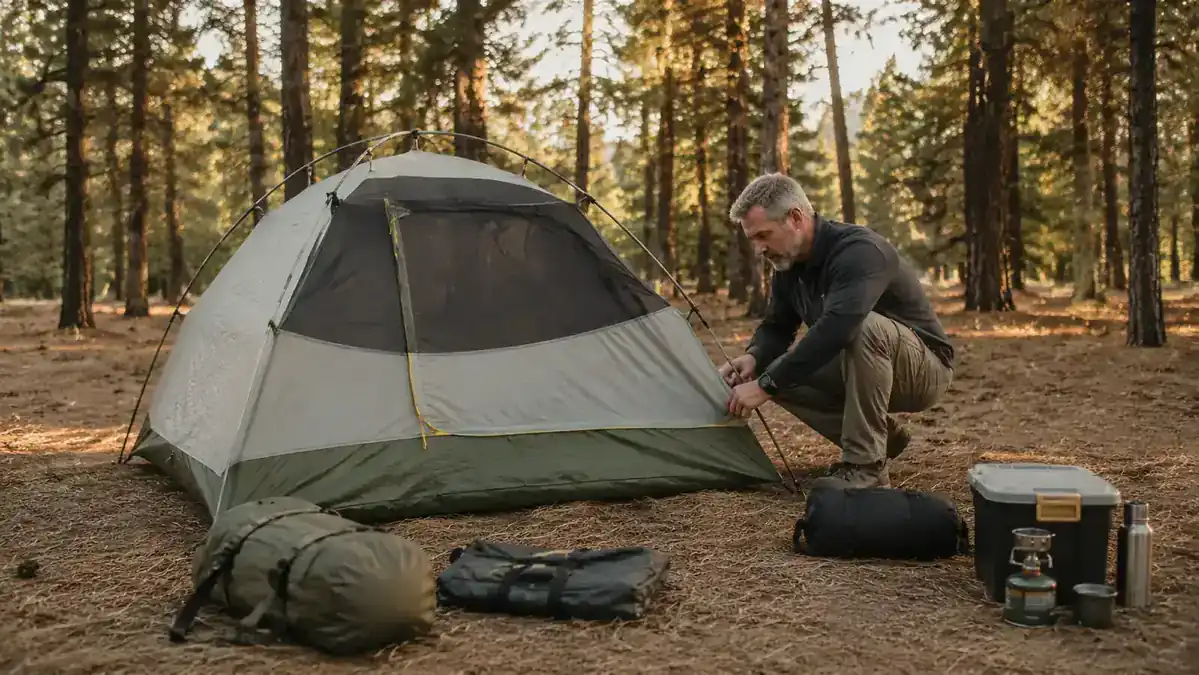 Man pitching a green dome tent alone at a forest campsite in fading afternoon light, stakes and poles laid out in order around him