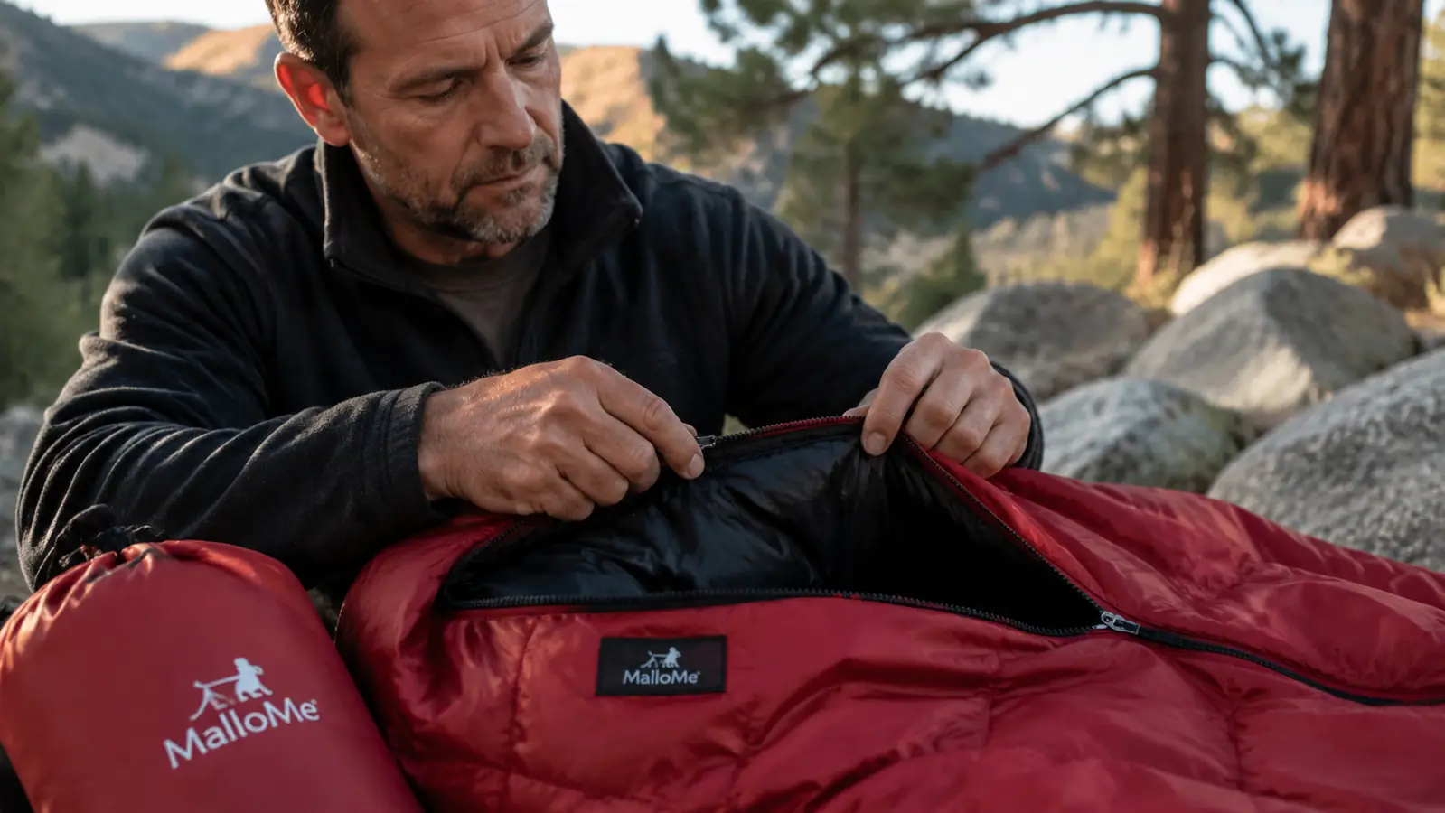 Close-up of MalloMe sleeping bag zipper and shell fabric showing construction detail