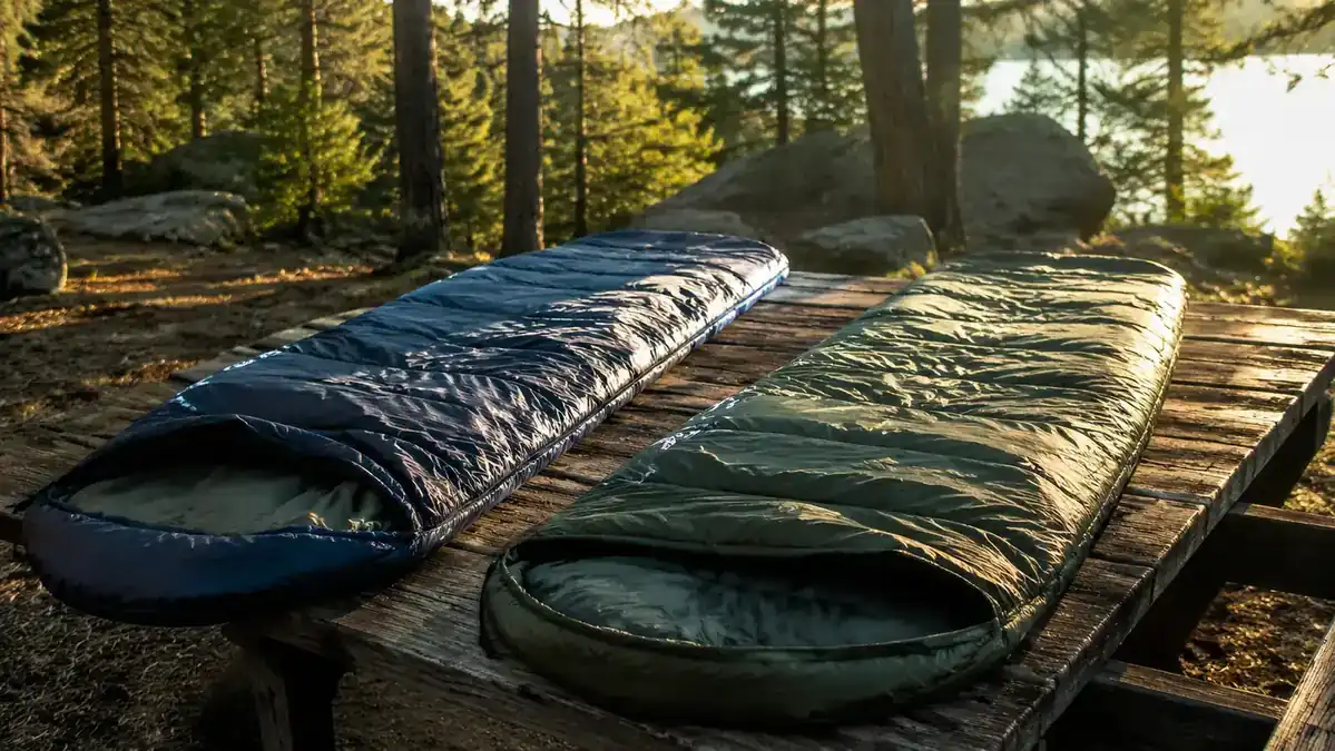 Two sleeping bags laid out side by side on a wooden picnic table at a campsite, early morning light filtering through pine trees