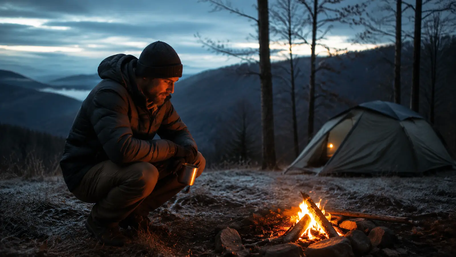 Campsite in the Smoky Mountains at dusk, frost on the grass, small fire burning low, tent visible in background