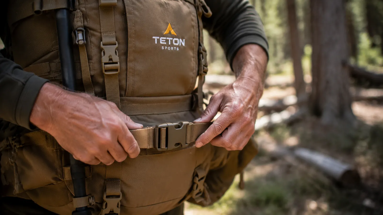 Hands adjusting the hipbelt and shoulder straps on a loaded Teton Scout 55L pack before hitting the trail