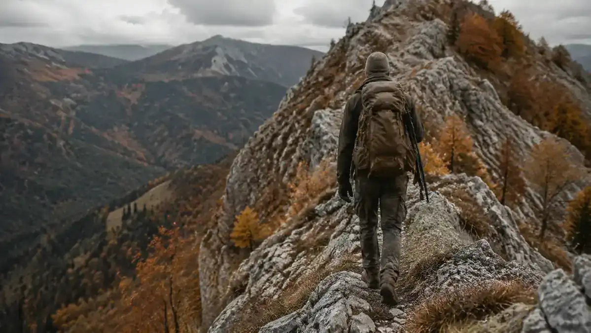 Hunter walking a steep ridgeline trail with a large backpack, autumn trees in the background
