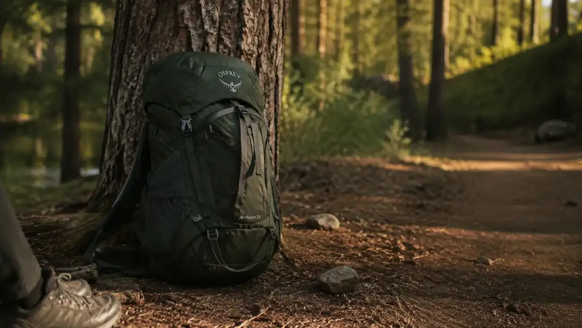 Teton Scout 55L backpack leaning against a pine tree at a forest trailhead with morning light filtering through the trees