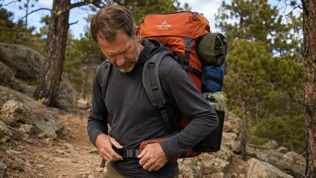 Hiker adjusting the hip belt of a TETON Sports Scout 55L backpack on a rocky trail