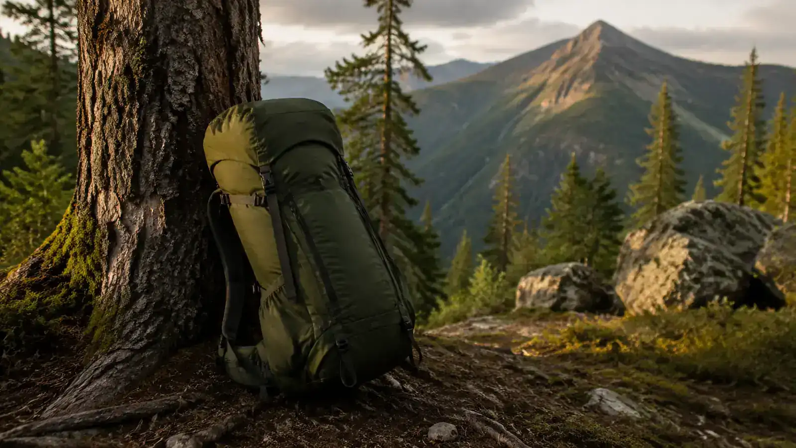 TETON Sports Scout 55L backpack leaning against a pine tree at a backcountry campsite with a mountain ridgeline behind it