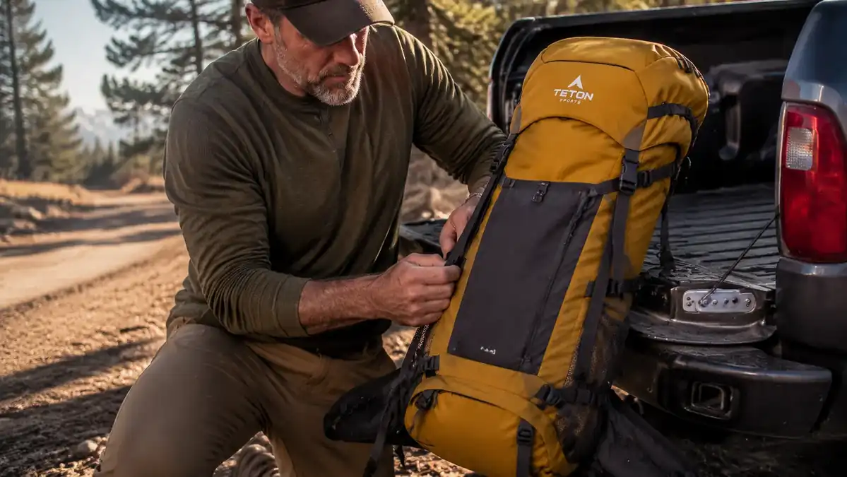Teton Scout 55L backpack loaded with camping gear leaning against a truck tailgate at a trailhead parking lot