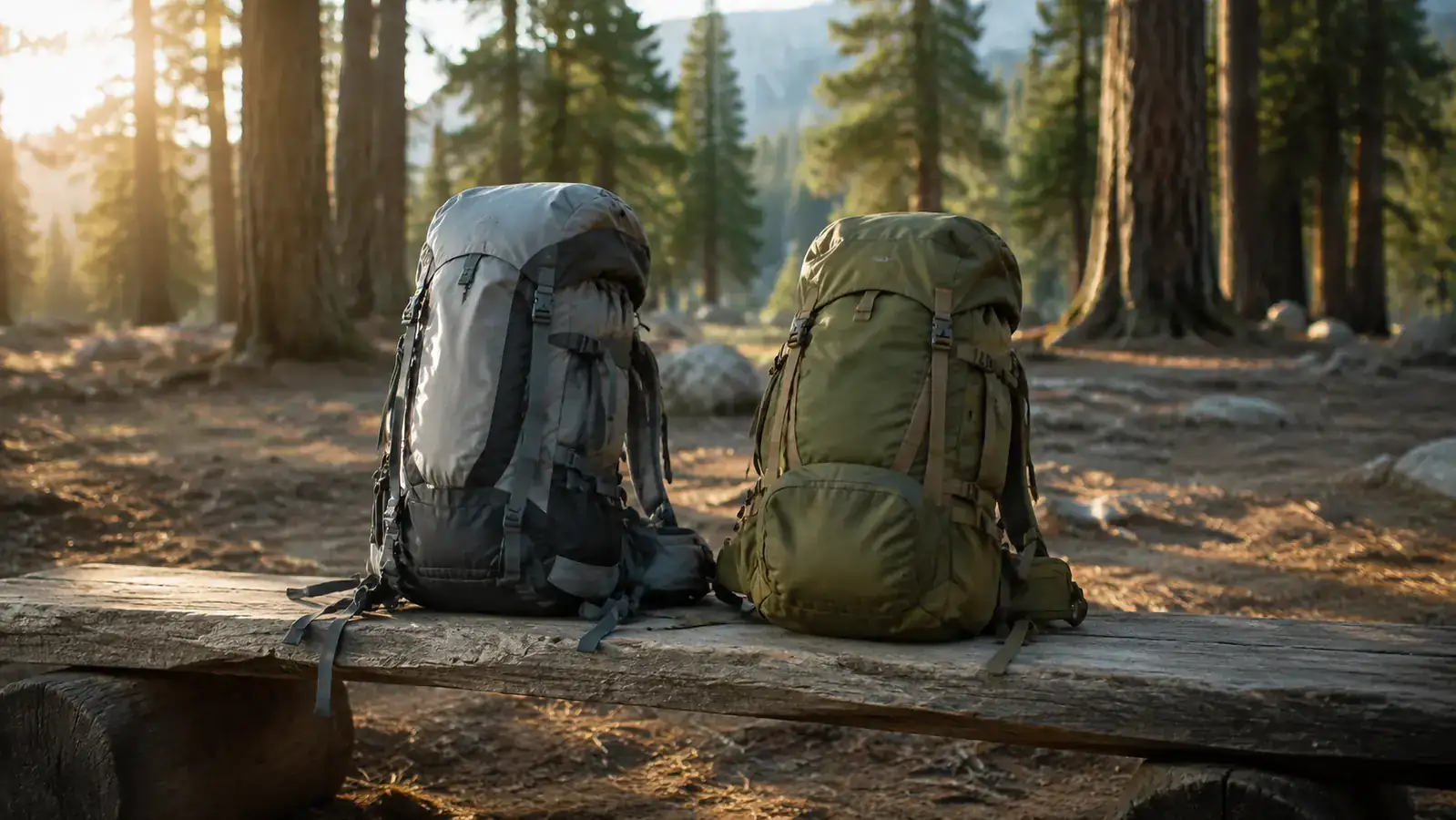 Two internal frame backpacks side by side on a wooden gear bench in a forest campsite, morning light filtering through pines
